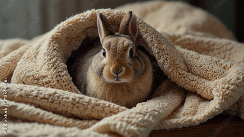 Naklejka premium Cozy rabbit under blanket, indoor setting, sunlight