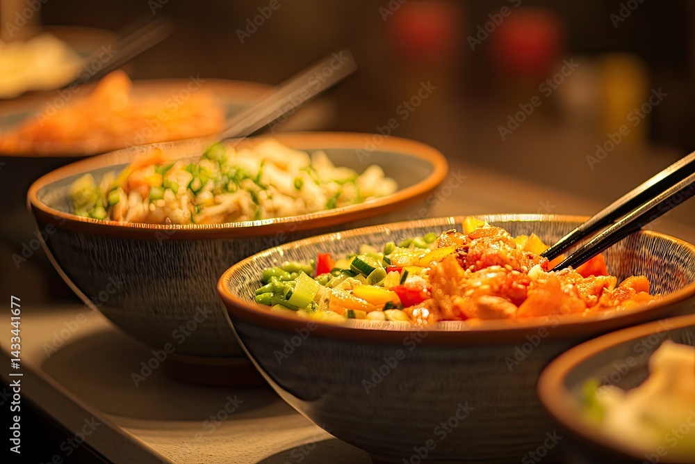 Three bowls of assorted food dishes, likely a build-your-own Asian-style meal Bowls contain various ingredients like vegetables, fish, and rice Chopsticks are shown in one bowl Three bowls of assorted food dishes, likely a build-your-own Asian-style meal Bowls contain various ingredients like vegetables, fish, and rice Chopsticks are shown in one bowl