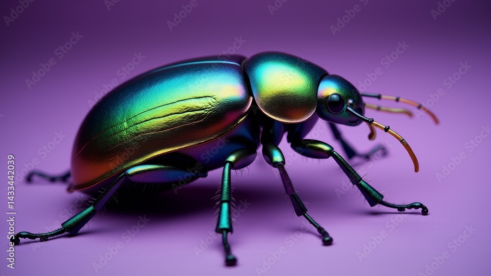Naklejka premium Iridescent Green Beetle On Purple Background