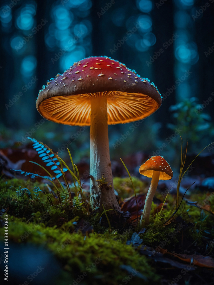 Mystical glowing mushrooms in a blurred fantasy background.
