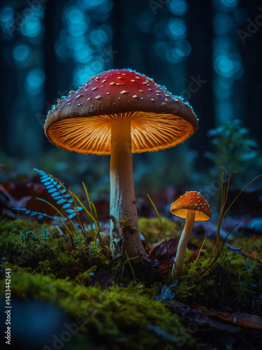 Obraz na płótnie Mystical glowing mushrooms in a blurred fantasy background. w salonie