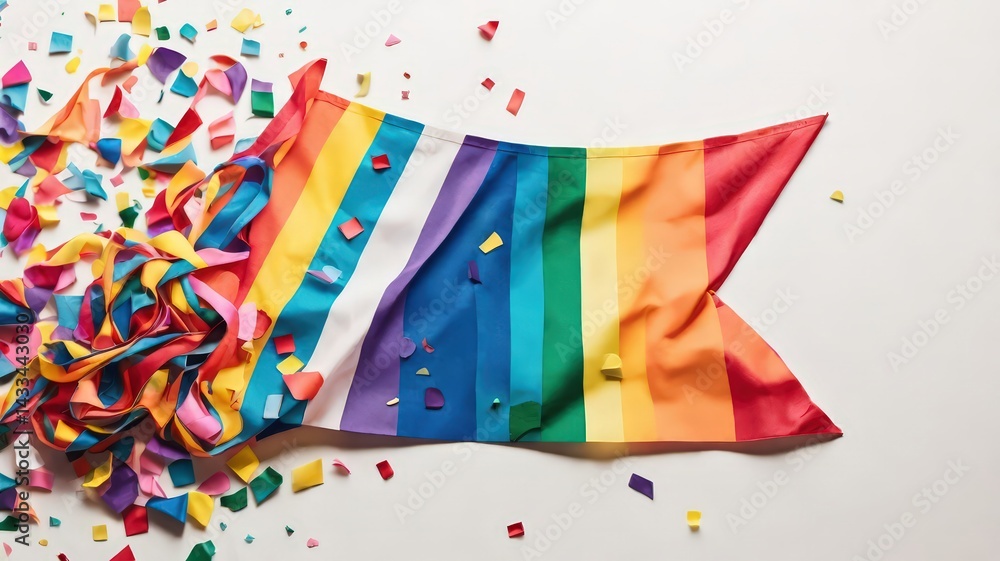 Obraz premium Rainbow Flag and Confetti Flat Lay