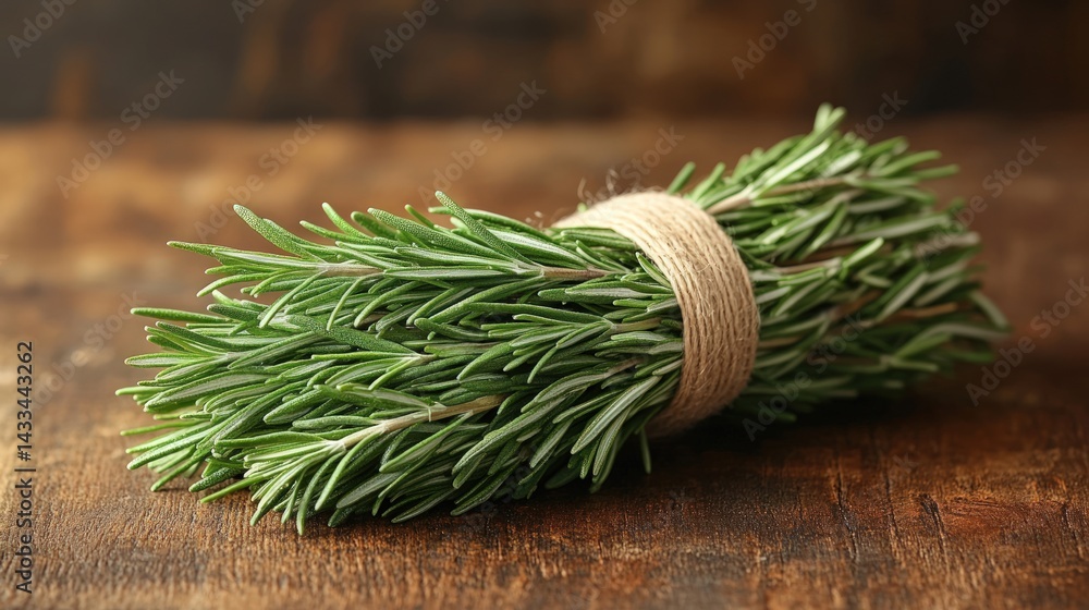 Fresh rosemary bunch on wooden table Fresh rosemary bunch on wooden table