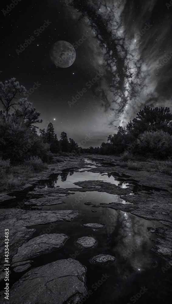 Mystical grayscale celestial convergence imagery.