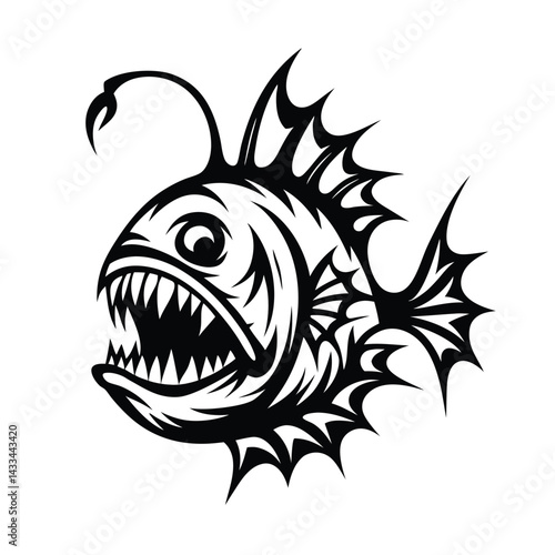 Monochrome Anglerfish with Sharp Teeth, Bioluminescent Lure, and Spiked Fins Isolated