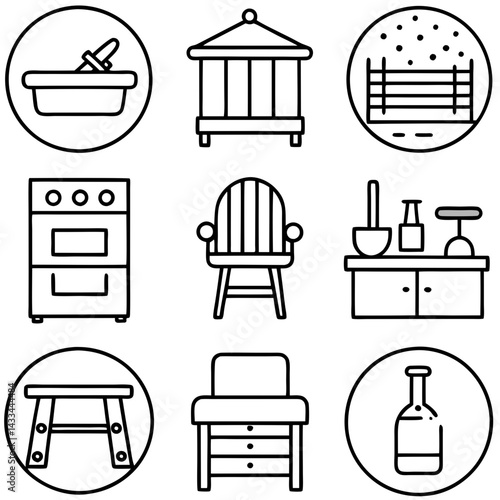 Set of wooden furniture icons