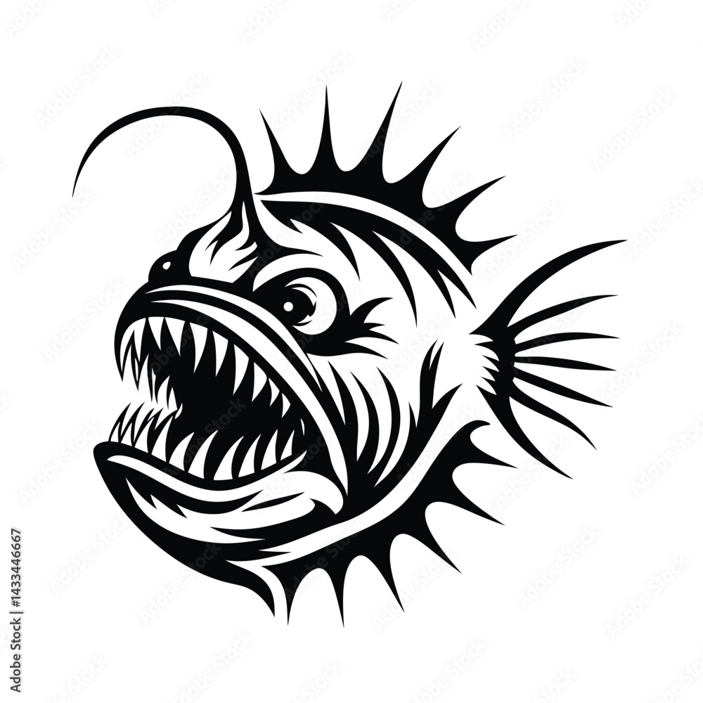 Striking Black & White Anglerfish with Sharp Teeth, Lure & Spiky Fins Striking Black & White Anglerfish with Sharp Teeth, Lure & Spiky Fins