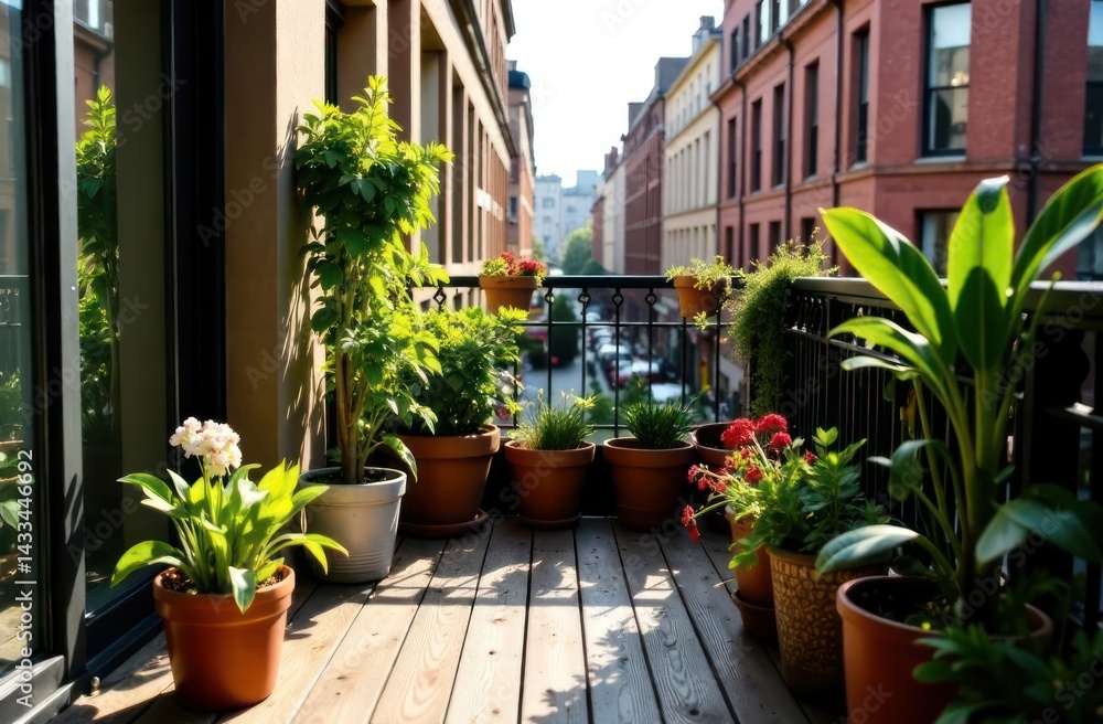 vibrant balcony garden with various potted plants on urban apartment terrace overlooking city street. urban gardening and relaxation. suitable for lifestyle, architecture, home decor. vibrant balcony garden with various potted plants on urban apartment terrace overlooking city street. urban gardening and relaxation. suitable for lifestyle, architecture, home decor.