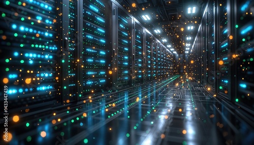 Intricate server room corridor filled with glowing technology.