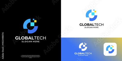 Abstract letter G logo design. Geometric shape initial G with pixel data symbol vector.