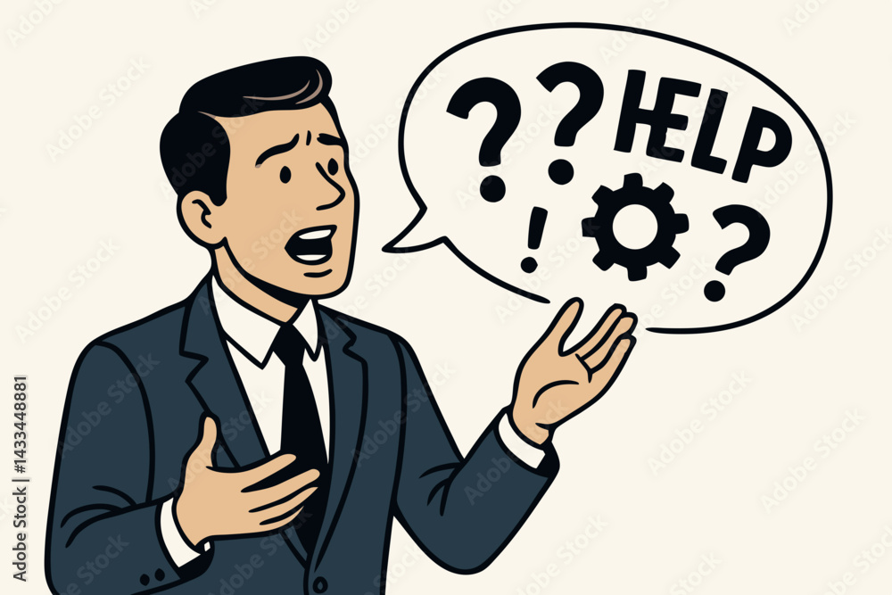 Retro Style Confused Businessman with Help Speech Bubble Vector Illustration, Cartoon Character Seeking Technical Support or Business Solutions, Professional in Suit with Question Marks Retro Style Confused Businessman with Help Speech Bubble Vector Illustration, Cartoon Character Seeking Technical Support or Business Solutions, Professional in Suit with Question Marks