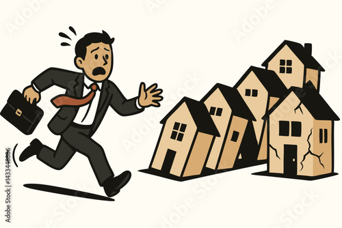 Real Estate Crisis Vector Illustration with Worried Businessman Running from Collapsing Houses, Housing Market Crash Concept, Mortgage Meltdown Cartoon for Financial Publications and Economic Articles