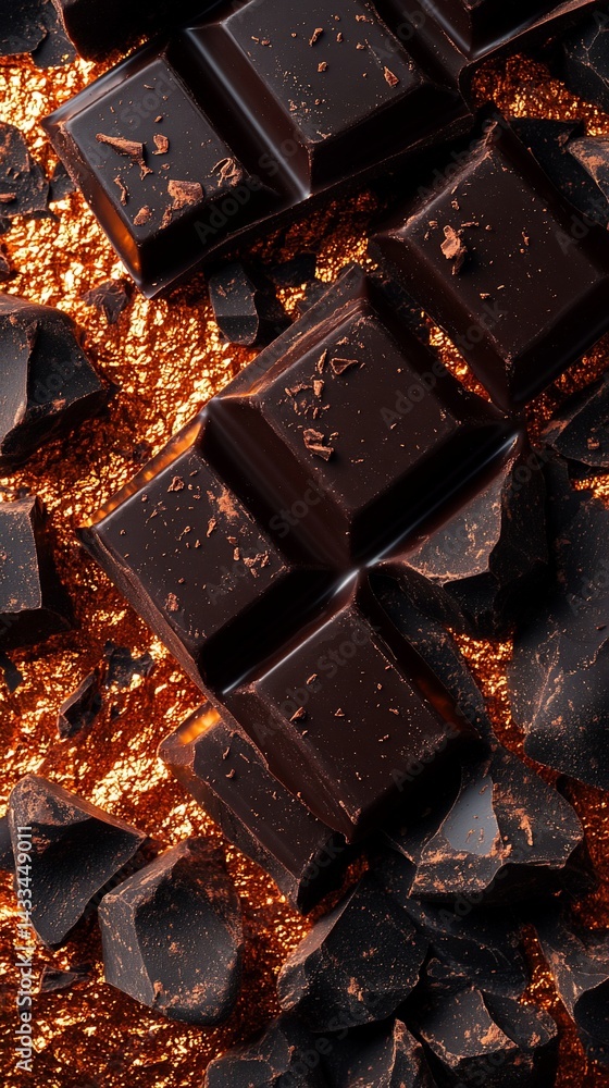 A rich, decadent close-up of dark chocolate chunks on a shimmering, golden surface A rich, decadent close-up of dark chocolate chunks on a shimmering, golden surface
