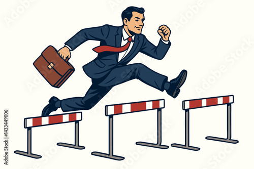 Dynamic Businessman Jumping Over Red and White Hurdles with Briefcase, Vector Illustration of Career Advancement and Overcoming Business Obstacles in Retro Comic Style
