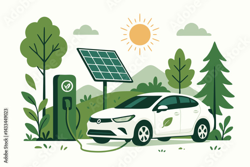 Eco-Friendly Electric Vehicle Charging Station with Solar Panel in Green Nature Landscape, Sustainable Transportation Technology for Zero Emissions Travel, Clean Energy Concept Vector Illustration