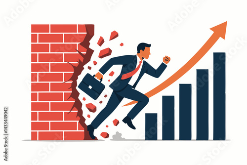 Breaking Business Barriers: Determined Businessman Running Through Brick Wall Towards Success with Rising Growth Chart, Professional Achievement and Obstacle Overcoming Vector Illustration