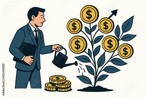 Business Investment Growth Concept with Successful Businessman Watering Money Plant Vector Illustration for Financial Prosperity, Wealth Management, and Investment Strategy