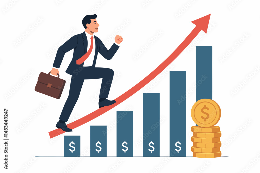 Business Success Growth Chart Vector Illustration with Confident Businessman Climbing Financial Bar Graph towards Wealth, Professional with Briefcase Walking on Upward Trend Arrow to Money Stack Business Success Growth Chart Vector Illustration with Confident Businessman Climbing Financial Bar Graph towards Wealth, Professional with Briefcase Walking on Upward Trend Arrow to Money Stack