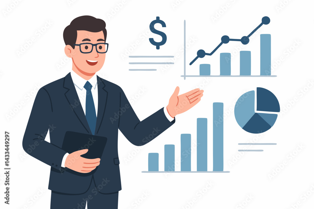 Professional Business Man Presenting Financial Data Charts with Growth Statistics, Financial Advisor Explaining Investment Performance with Bar Graphs and Pie Charts, Vector Illustration Professional Business Man Presenting Financial Data Charts with Growth Statistics, Financial Advisor Explaining Investment Performance with Bar Graphs and Pie Charts, Vector Illustration