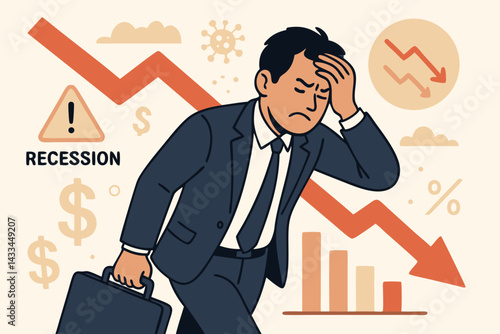 Economic Downturn Crisis Concept: Stressed Businessman with Declining Financial Graph, Market Crash Vector Illustration with Falling Stock Charts and Recession Warning Symbols