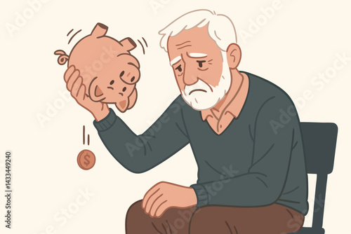 Worried Senior Man with Empty Piggy Bank Vector Illustration, Financial Crisis Concept, Retirement Savings Problem, Economic Hardship, Money Trouble, Elderly Financial Stress