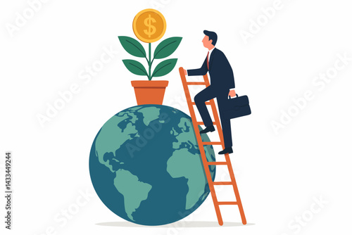Global Investment Growth Concept with Businessman Climbing Ladder on Earth to Reach Dollar Plant, Financial Success Metaphor, Sustainable Economy Vector Illustration