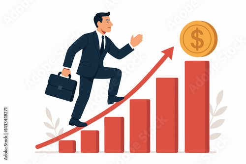 Business Success Concept Vector: Professional Businessman Climbing Upward Growth Chart with Gold Dollar Coin, Red Financial Graph, Career Advancement Illustration for Corporate Presentations
