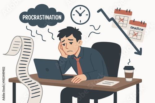 Stressed Businessman Facing Procrastination Challenge with Missed Deadlines, Clock Pressure and Long To-Do List, Vector Illustration for Time Management and Productivity Concept in Workspace Setting