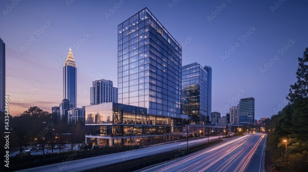 Obraz premium Modern skyscraper at dusk, city skyline, highway traffic. Real estate, architecture