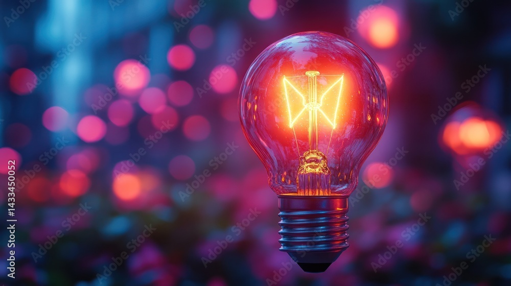 Glowing lightbulb in vibrant bokeh background. Glowing lightbulb in vibrant bokeh background.