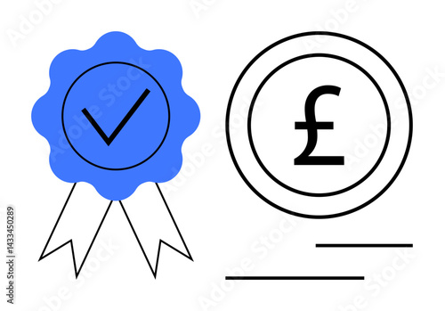 Blue badge with checkmark and pound coin outline emphasize trust, accreditation, quality assurance, financial value, investment, recognition, and reliability. Ideal for business, finance quality