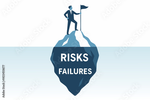 Business Success Concept Vector: Businessman Standing on Mountain Peak with Flag Above Hidden Risks and Failures Iceberg Metaphor, Leadership Achievement Illustration for Corporate Strategy
