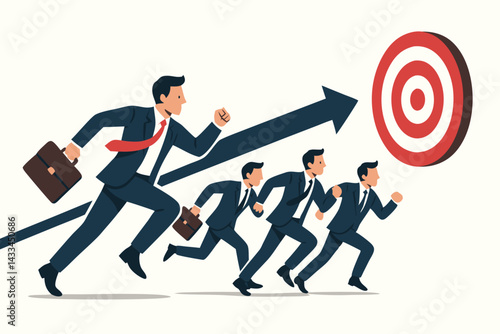 Business Leadership Concept with Businessman Racing Ahead of Competition Toward Target Goal, Corporate Success Vector Illustration for Achievement, Ambition, and Strategic Marketing