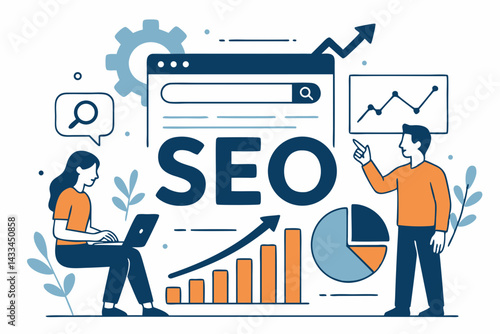 SEO Optimization Strategy Vector Illustration with Digital Marketing Analytics, Website Ranking Growth Charts and Search Engine Specialists Working on Online Visibility and Traffic Enhancement