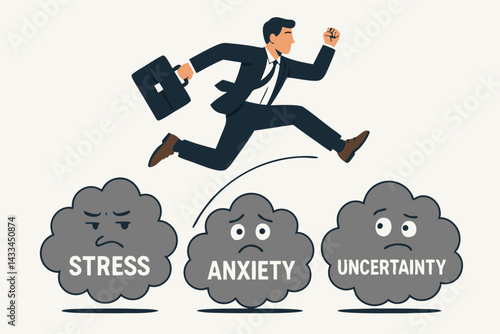 Successful Businessman Jumping Over Stress, Anxiety and Uncertainty Clouds, Achievement Concept, Business Success Metaphor, Mental Health in Workplace, Overcoming Obstacles Vector Illustration