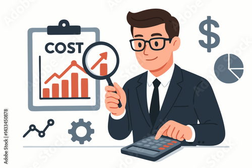 Professional Financial Analyst Examining Rising Cost Trends with Magnifying Glass and Calculator, Business Expense Management Vector Illustration with Charts, Graphs and Dollar Symbol