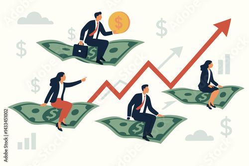 Business Professionals Riding Dollar Bills Toward Financial Success with Upward Growth Chart, Investment Concept, Money Management, Corporate Achievement Vector Illustration