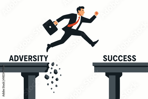 Determined Businessman Leaping from Crumbling Adversity to Success Platform, Dynamic Vector Illustration of Overcoming Challenges, Persistence and Achievement, Professional Running with Briefcase