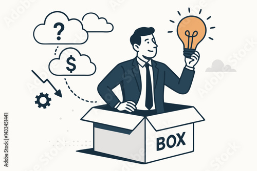 Innovative Businessman with Light Bulb Idea Thinking Outside Box Vector Illustration for Startup, Problem Solving, Creative Business Solutions and Financial Strategy Concept