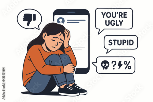 Cyberbullying Concept Vector Illustration: Teen Girl Feeling Depressed from Online Harassment, Social Media Bullying, Negative Comments and Hate Speech Shown through Smartphone Messages