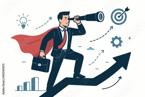 Business Visionary Vector Illustration, Businessman with Telescope Standing on Growth Arrow, Superhero Leader with Red Cape Looking for Opportunities, Strategic Vision Concept with Target