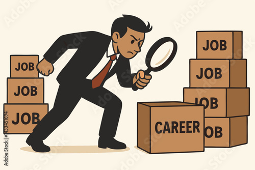 Businessman with Magnifying Glass Searching for Career Opportunity Among Job Boxes, Employment Hunt Concept, Recruitment Process Illustration, Professional Job Seeker in Formal Suit