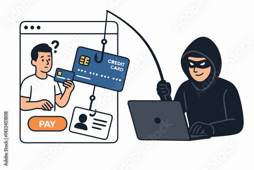 Internet Security Threat Vector Illustration: Phishing Attack Concept with Hacker Using Fishing Rod to Steal Credit Card and Personal Information from Confused Online Shopper During Checkout
