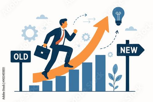 Business Growth Concept Vector: Businessman Running Up Success Chart from Old to New with Orange Arrow, Light Bulb Idea, Growth Bars, and Innovation Sign in Flat Design Style