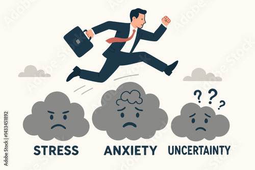Business Professional Leaping Over Negative Emotions Vector Illustration: Dynamic Businessman Jumping Above Stress, Anxiety and Uncertainty Clouds with Briefcase in Minimal Corporate Design Style