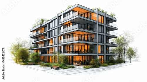 Modern apartment building with illuminated interiors surrounded by greenery and shown in architectural sketch style