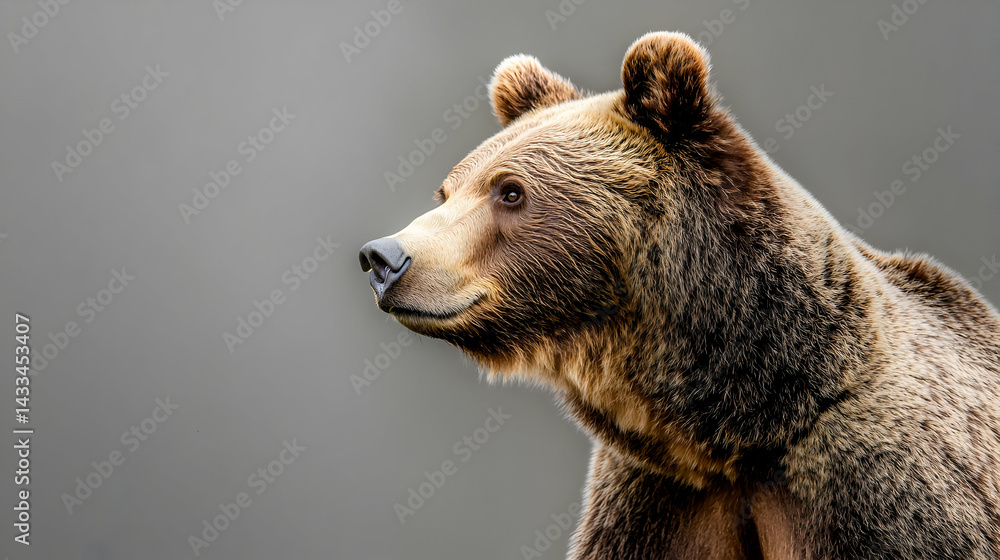 Obraz premium Brown Bear Profile Portrait Against Grey Background