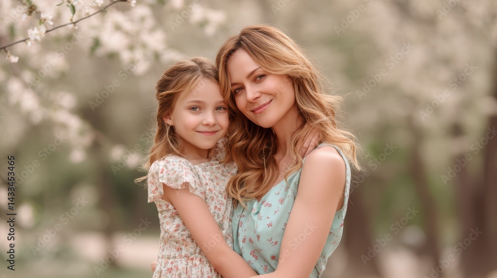 Fototapeta premium Mom and Daughter in Matching Outfits Hugging, Realistic Lifestyle Shot, Mothers Day image