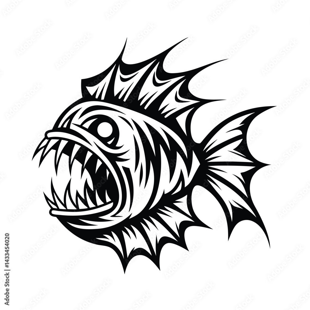Stylized Anglerfish with Sharp Teeth, Black and White Marine Life Stylized Anglerfish with Sharp Teeth, Black and White Marine Life