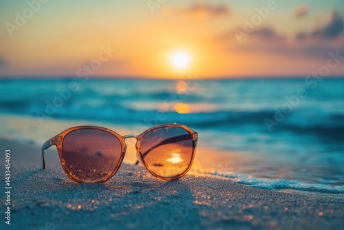 Wallpaper Mural Sunglasses on sandy beach with sunset over the ocean at dusk Generative AI Torontodigital.ca